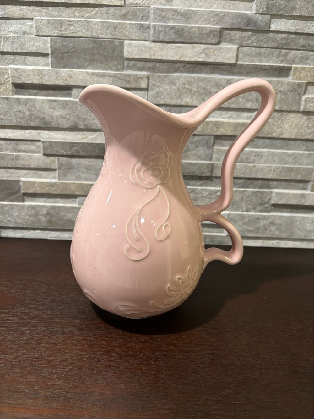 Pink Ceramic Decorative Pitcher with Floral Relief